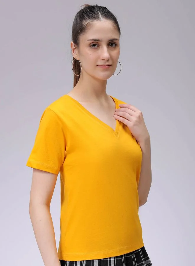 Freehand Women Regular Fit Solid V-Neck T-Shirt