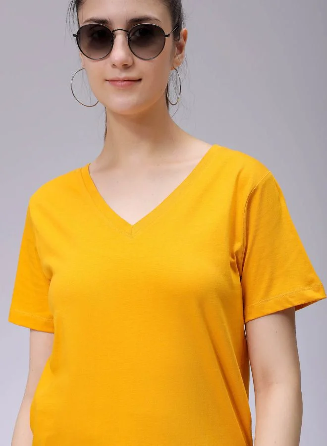 Freehand Women Regular Fit Solid V-Neck T-Shirt