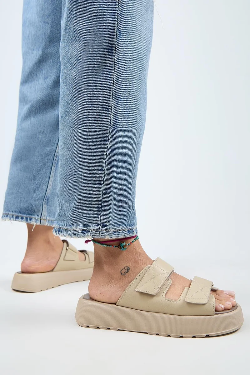 Manijero Manijero Farah Women's Genuine Leather Double Velcro Slippers Beige - Beige