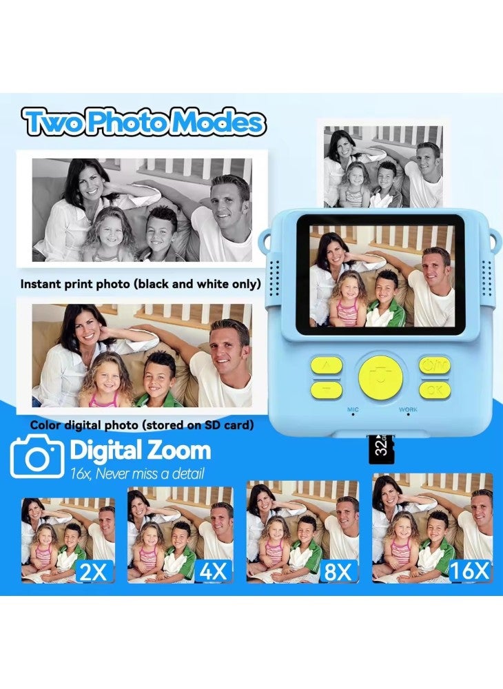 ABS-681 2.4 Inch IPS Screen Instant Print Mini Kids Camera HD 1080P Video Recorder with 32G Memory Card+Color Pens - Blue - Image 4