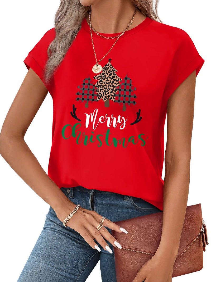 Alaroo Christmas Shirts for Women Crew Neck Short Sleeve Tops Holiday Outfits 2026 Summer Clothes Pajamas L - Image 4