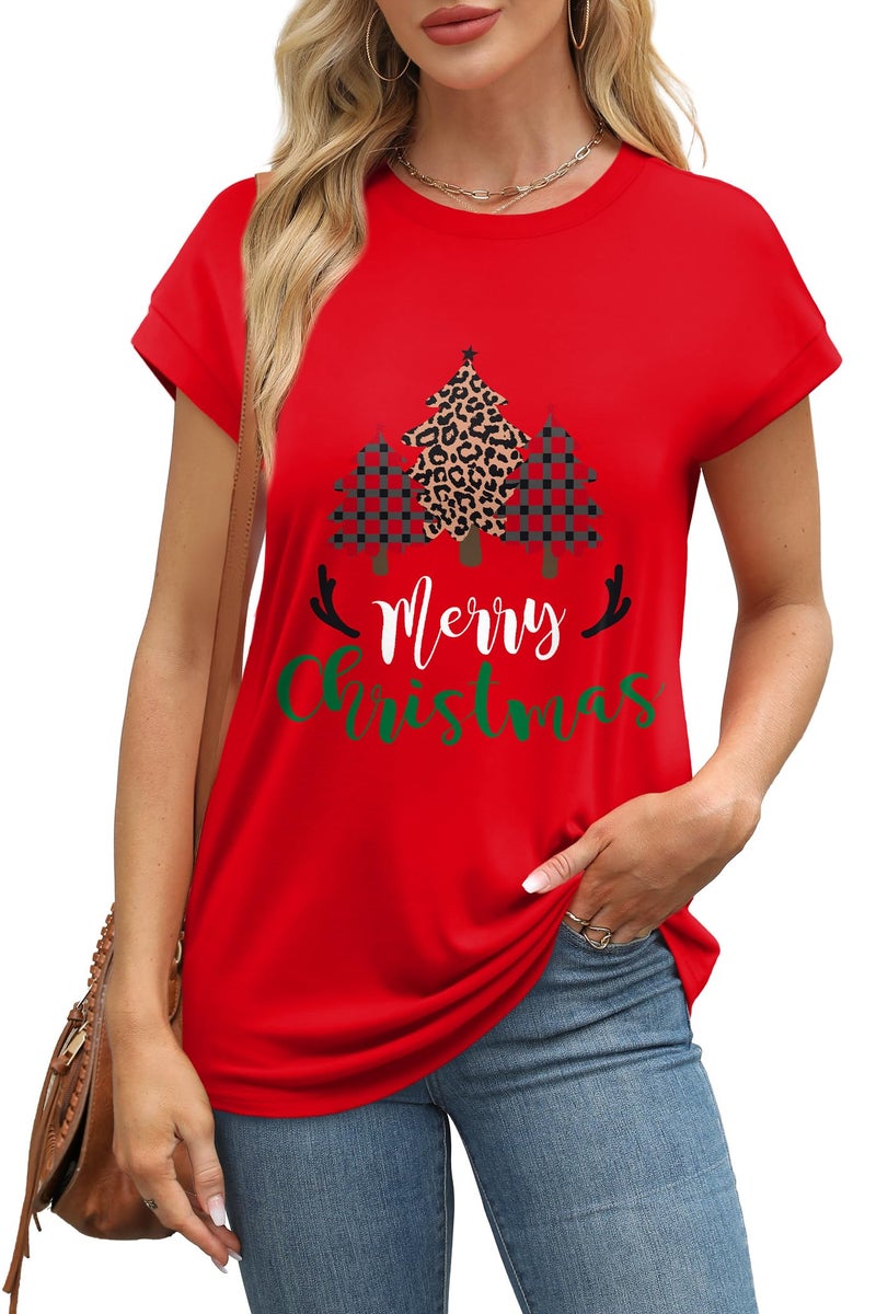 Alaroo Christmas Shirts for Women Crew Neck Short Sleeve Tops Holiday Outfits 2026 Summer Clothes Pajamas L - Image 3