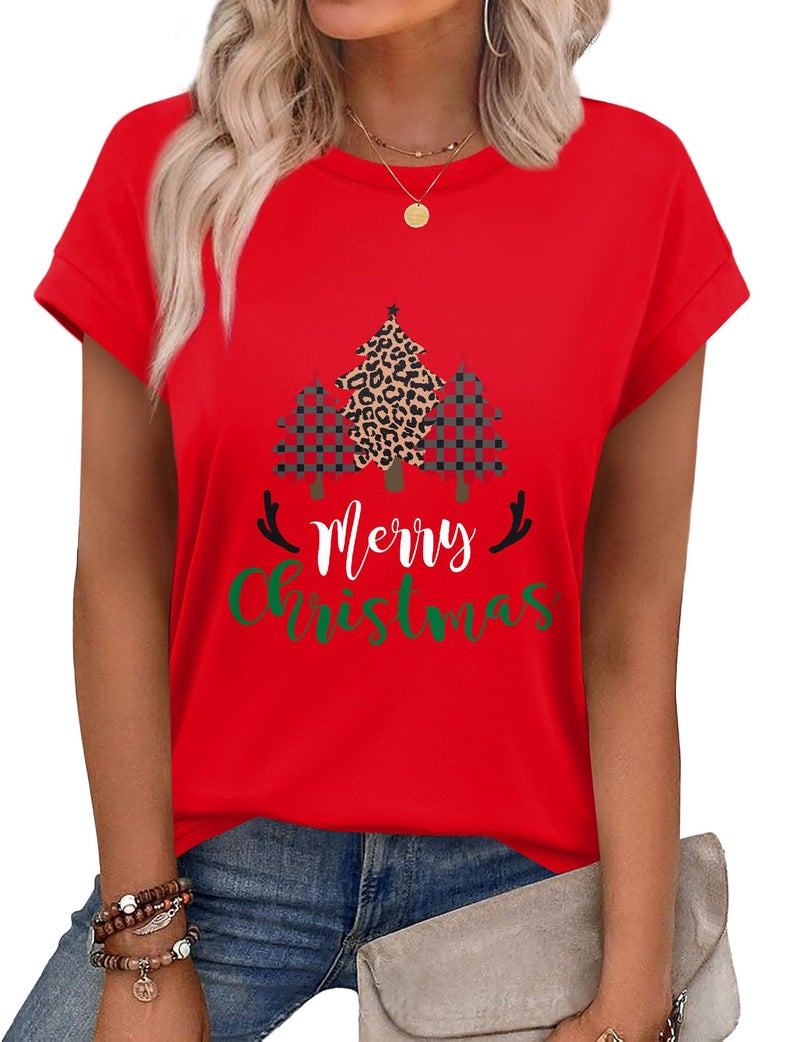 Alaroo Christmas Shirts for Women Crew Neck Short Sleeve Tops Holiday Outfits 2026 Summer Clothes Pajamas L - Image 1