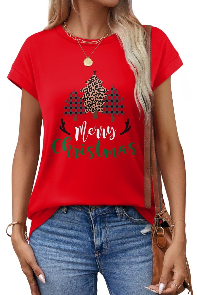 Alaroo Christmas Shirts for Women Crew Neck Short Sleeve Tops Holiday Outfits 2026 Summer Clothes Pajamas L - Image 2