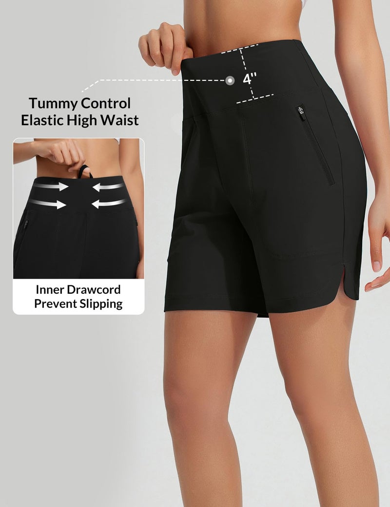 Baleaf Women's 7'' Swim Board Shorts with Zipper Pockets High Waisted Tummy Control Long Beach Swimming Shorts UPF 50+ Quick Dry Modest Swimsuits Bottoms Black L - Image 4