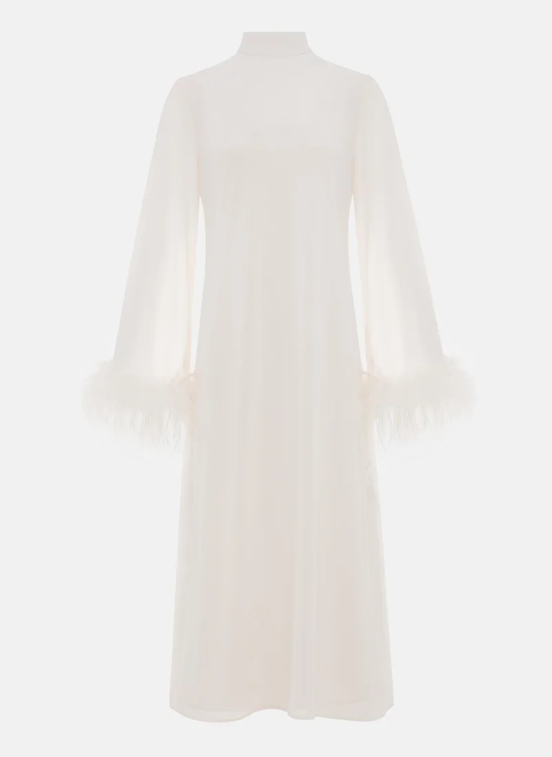 Lichi Straight midi dress with feathers on the cuffs