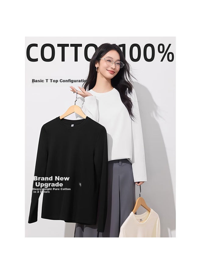 WOODPECKER Wood Women's Long Sleeve T-shirt Autumn New Pure Cotton Comfortable Loose Fit Regular Shoulder Crew Neck Top Base Shirt Black S - Image 5