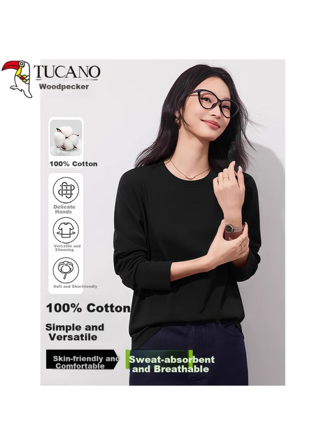 WOODPECKER Wood Women's Long Sleeve T-shirt Autumn New Pure Cotton Comfortable Loose Fit Regular Shoulder Crew Neck Top Base Shirt Black S - Image 1