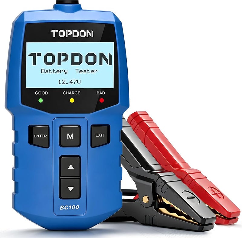 توب دون جهاز فحص بطاريات السيارات TOPDON BC100، بجهد 12V، يُستخدم من قبل الفنيين وهواة الإصلاح الذاتي، يقوم بفحص البطاريات وتحليل أداء نظام الشحن، ويناسب السيارات والشاحنات والدراجات النارية ومركبات الطرق الوعرة (ATV) ومركبات الدفع الرباعي (SUV) وا - Image 1