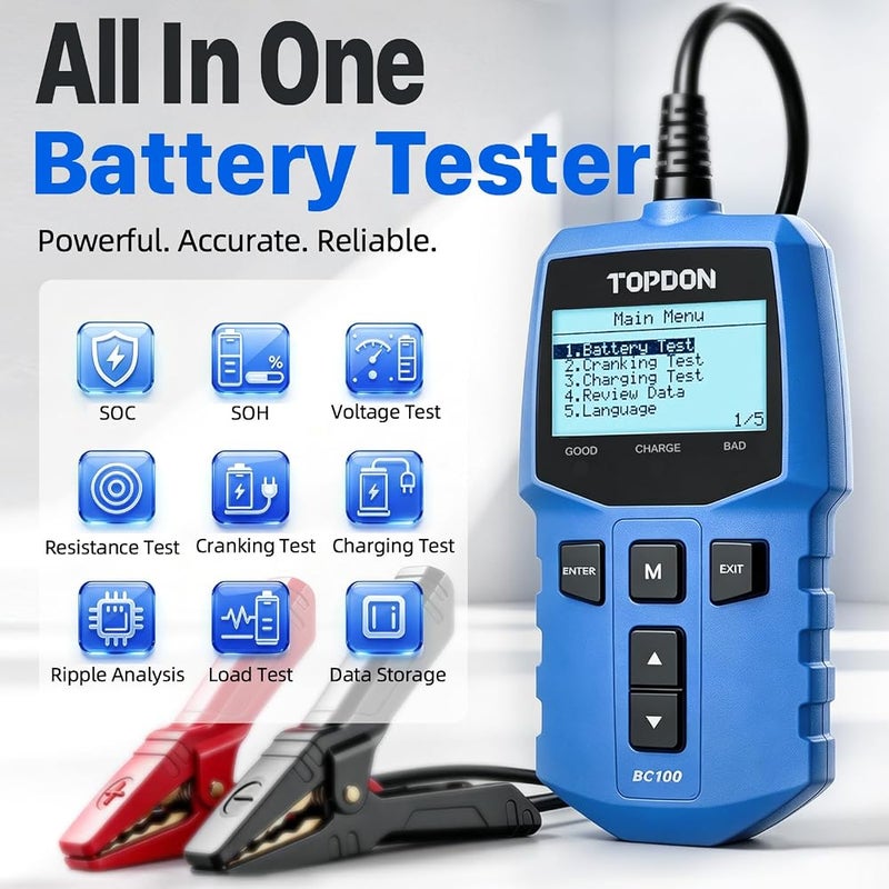توب دون جهاز فحص بطاريات السيارات TOPDON BC100، بجهد 12V، يُستخدم من قبل الفنيين وهواة الإصلاح الذاتي، يقوم بفحص البطاريات وتحليل أداء نظام الشحن، ويناسب السيارات والشاحنات والدراجات النارية ومركبات الطرق الوعرة (ATV) ومركبات الدفع الرباعي (SUV) وا - Image 2