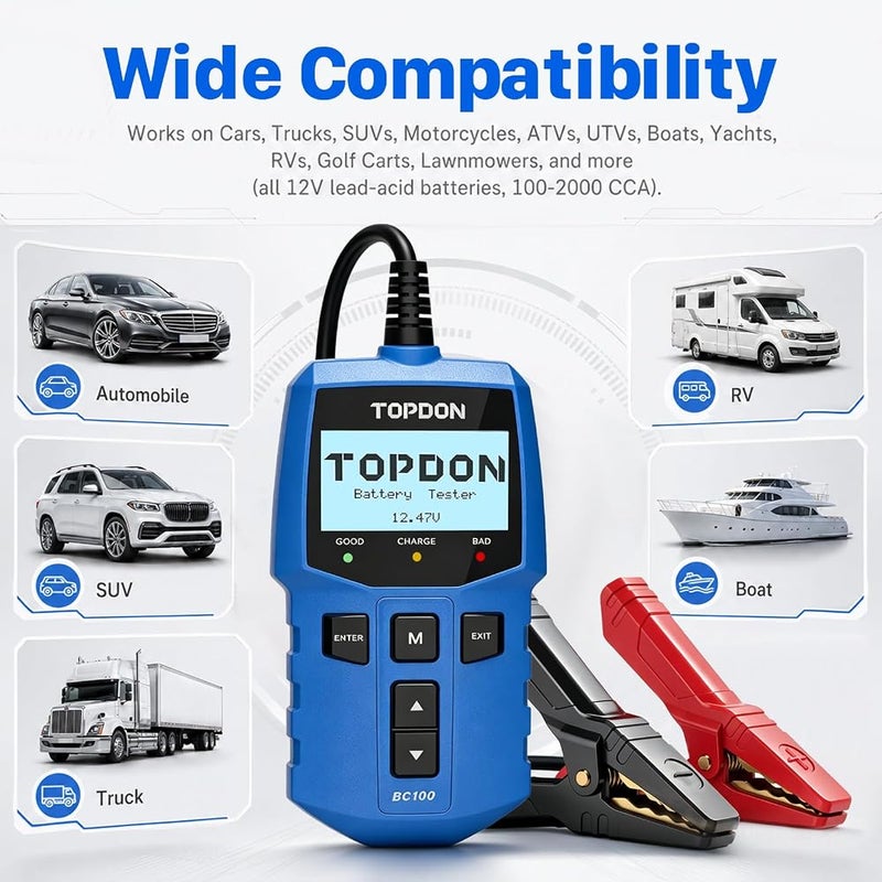 توب دون جهاز فحص بطاريات السيارات TOPDON BC100، بجهد 12V، يُستخدم من قبل الفنيين وهواة الإصلاح الذاتي، يقوم بفحص البطاريات وتحليل أداء نظام الشحن، ويناسب السيارات والشاحنات والدراجات النارية ومركبات الطرق الوعرة (ATV) ومركبات الدفع الرباعي (SUV) وا - Image 3