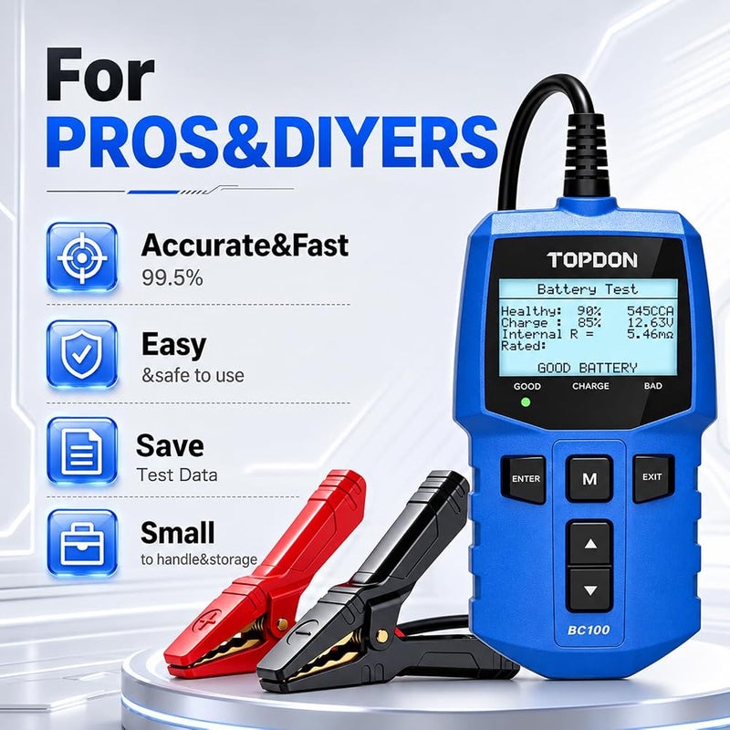 توب دون جهاز فحص بطاريات السيارات TOPDON BC100، بجهد 12V، يُستخدم من قبل الفنيين وهواة الإصلاح الذاتي، يقوم بفحص البطاريات وتحليل أداء نظام الشحن، ويناسب السيارات والشاحنات والدراجات النارية ومركبات الطرق الوعرة (ATV) ومركبات الدفع الرباعي (SUV) وا - Image 4