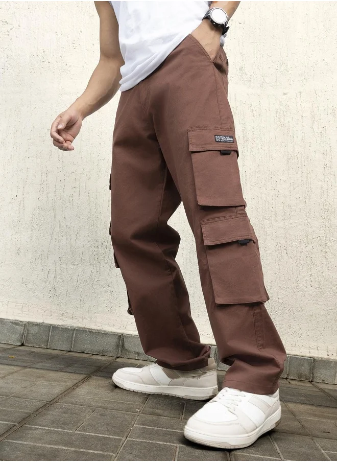 هوبرهولمي Men's Brown Cotton Blend Solid Pattern Full Length Cargo Loose Trouser
