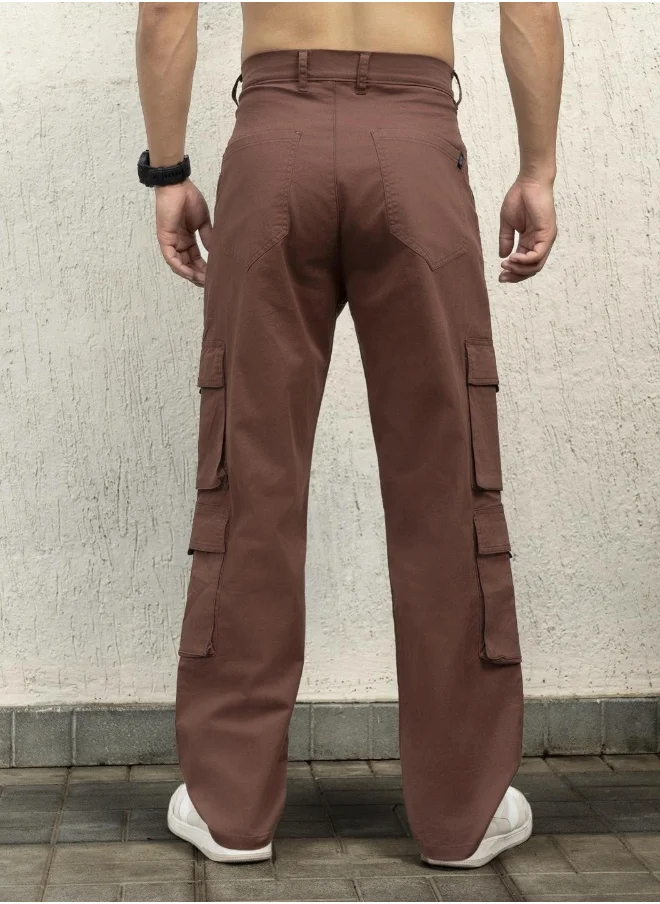 هوبرهولمي Men's Brown Cotton Blend Solid Pattern Full Length Cargo Loose Trouser