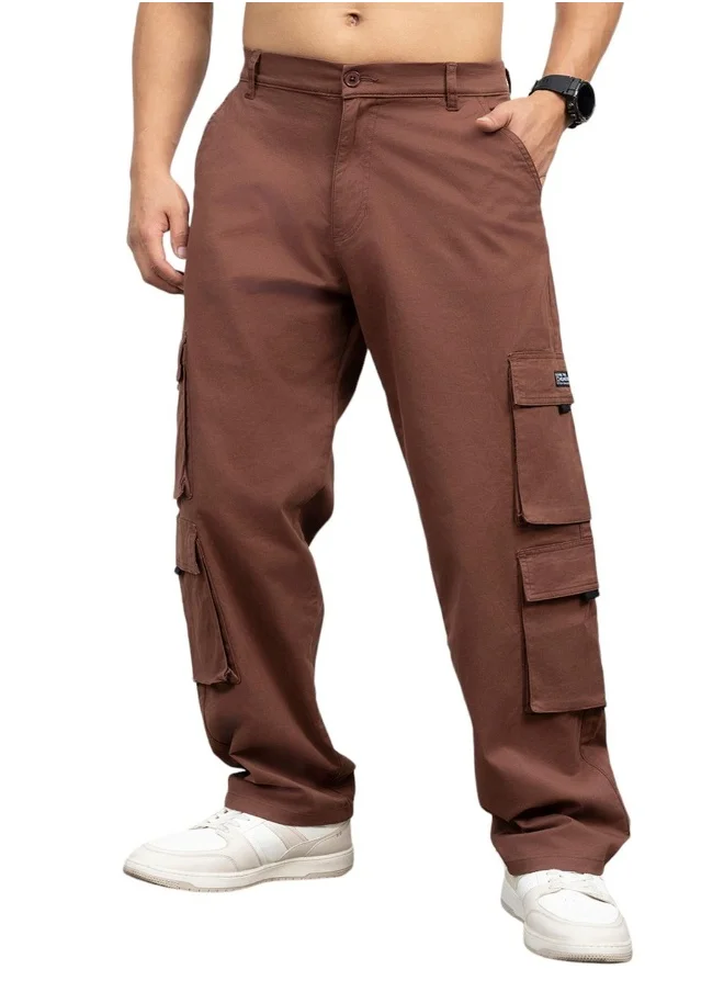 هوبرهولمي Men's Brown Cotton Blend Solid Pattern Full Length Cargo Loose Trouser