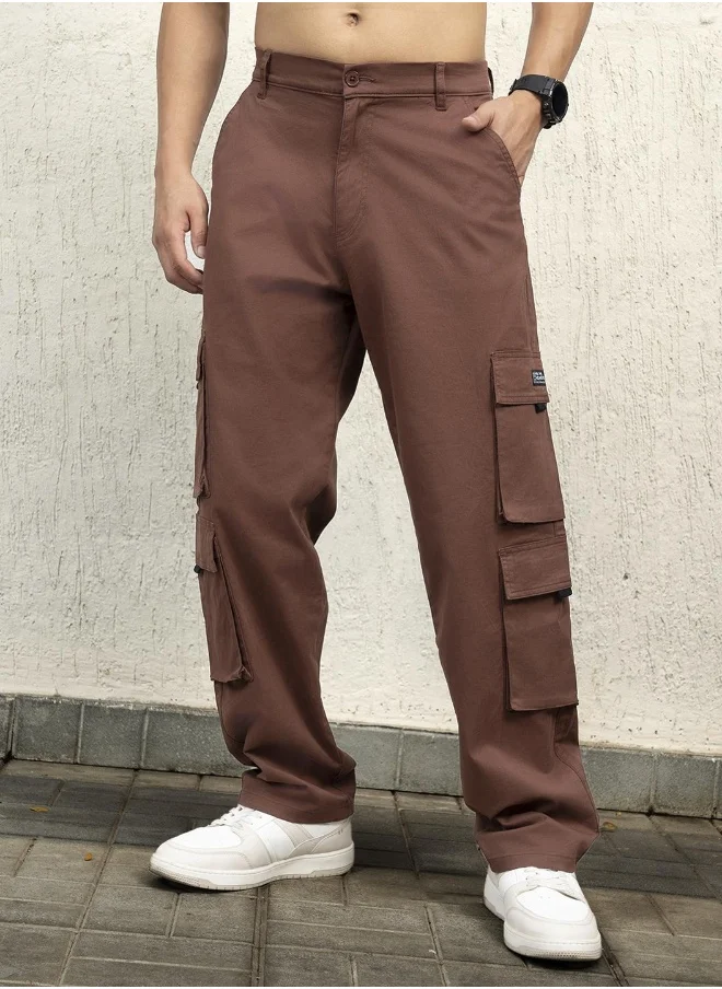هوبرهولمي Men's Brown Cotton Blend Solid Pattern Full Length Cargo Loose Trouser