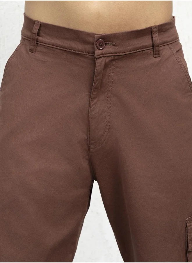 هوبرهولمي Men's Brown Cotton Blend Solid Pattern Full Length Cargo Loose Trouser