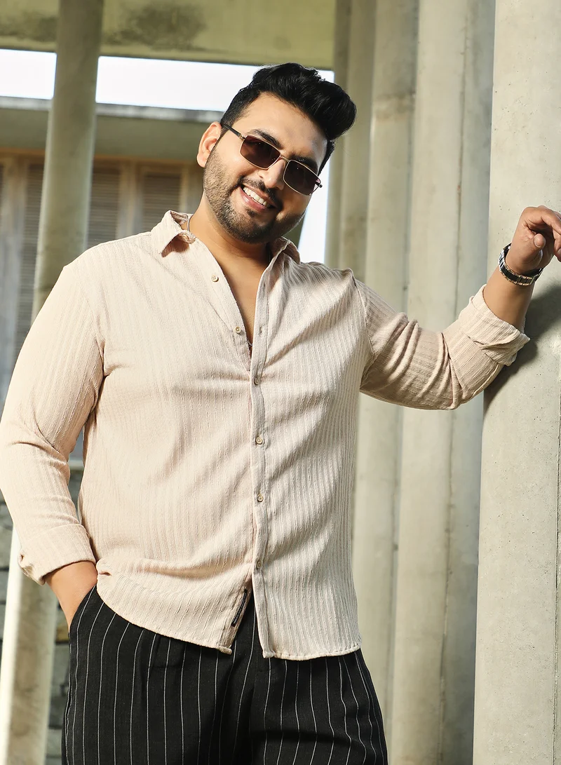 Instafab Plus Instafab Plus Men's Khaki Beige Ripple-Trough Shirt For Casual Wear | Spread Collar | Long Cuffed Sleeves | Button Closure | Plus Size Shirt Crafted With Comfort Fit For Everyday Wear