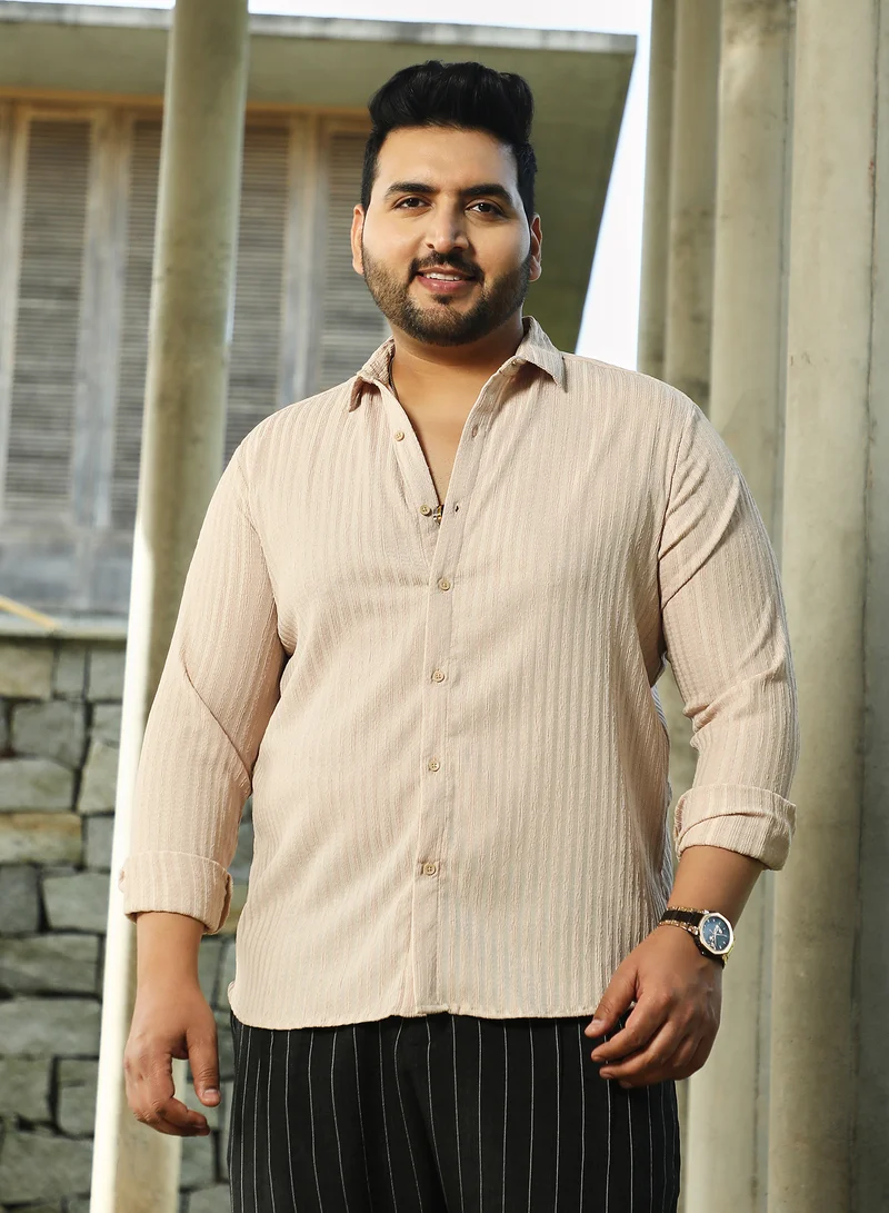 Instafab Plus Instafab Plus Men's Khaki Beige Ripple-Trough Shirt For Casual Wear | Spread Collar | Long Cuffed Sleeves | Button Closure | Plus Size Shirt Crafted With Comfort Fit For Everyday Wear