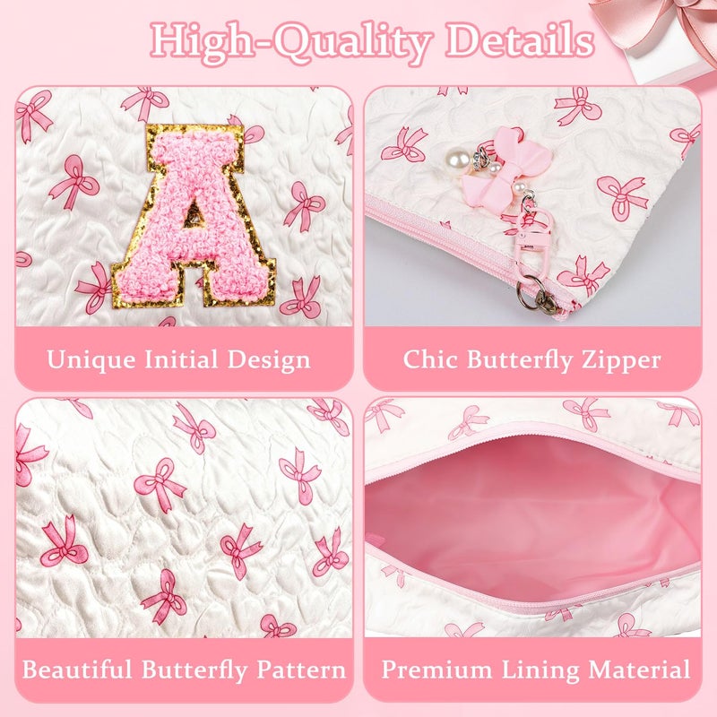 Giftota Initial Makeup Bag, Valentines Day Gifts for Women Teens Girls Birthday Gift Personalized Bow Cosmetic Bag, Quilted Cosmetic Travel Toiletry Pouch, Cute Makeup Organizer Teen Girl Gifts Trendy Stuff A - Image 5