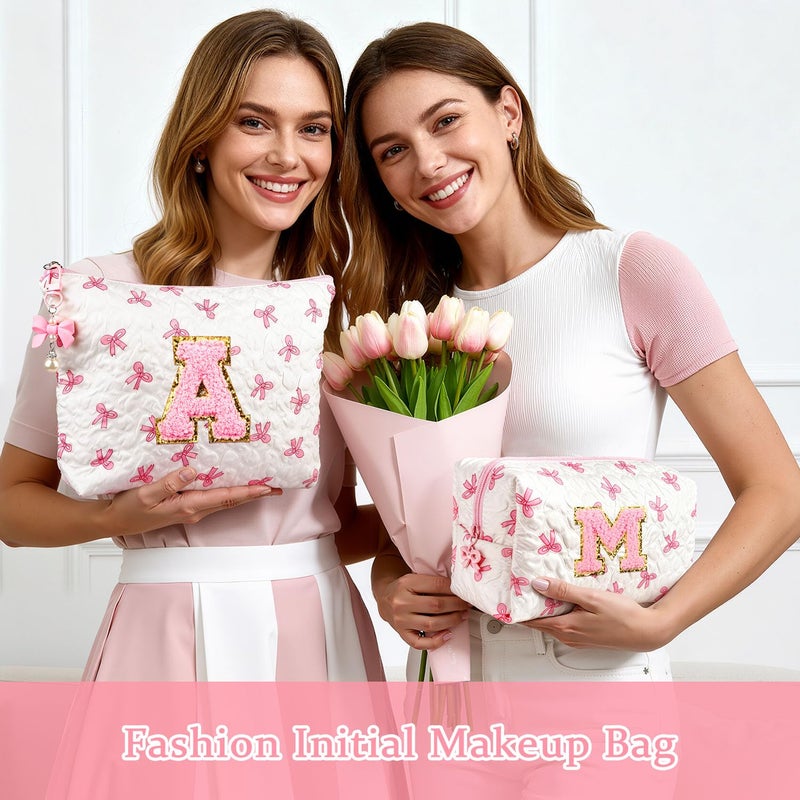 Giftota Initial Makeup Bag, Valentines Day Gifts for Women Teens Girls Birthday Gift Personalized Bow Cosmetic Bag, Quilted Cosmetic Travel Toiletry Pouch, Cute Makeup Organizer Teen Girl Gifts Trendy Stuff A - Image 2