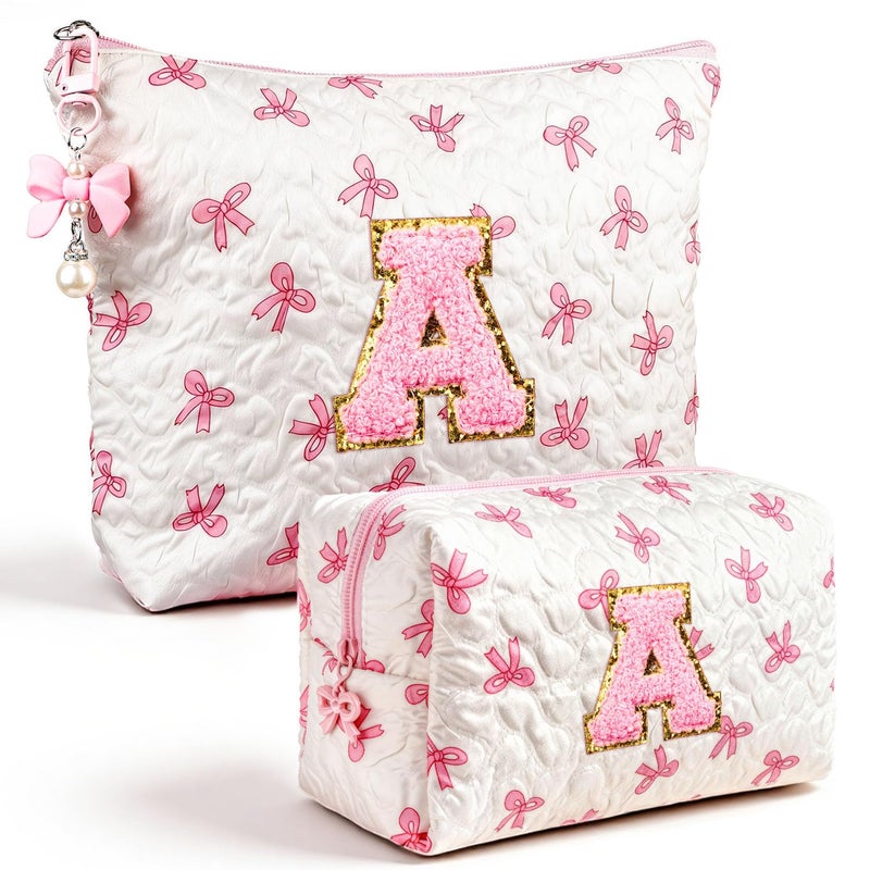 Giftota Initial Makeup Bag, Valentines Day Gifts for Women Teens Girls Birthday Gift Personalized Bow Cosmetic Bag, Quilted Cosmetic Travel Toiletry Pouch, Cute Makeup Organizer Teen Girl Gifts Trendy Stuff A - Image 1