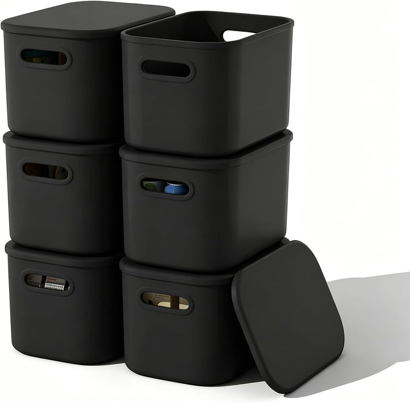 ORGIDOL 6 Pack Black Storage Bins with Lids Stackable Storage Container for Organizing, Black Storage Boxes with Handle for Shelves, Cute Organizer Bins for Craft, Snacks, 9.85x6.9x5.7 inch - Image 1