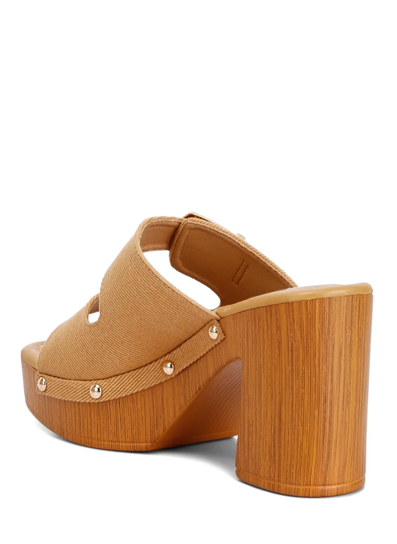 London Rag Buckle Straps High Block Heel Clogs in Tan