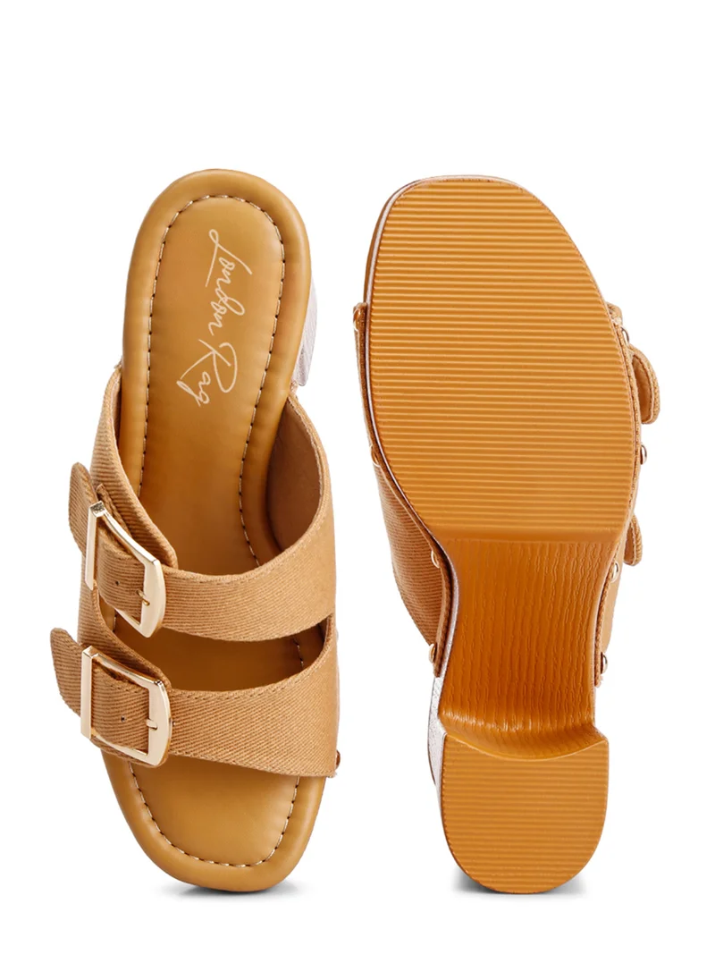 London Rag Buckle Straps High Block Heel Clogs in Tan
