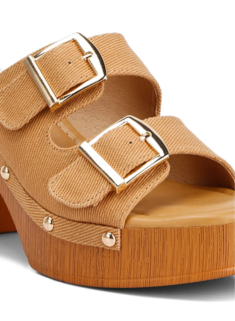 London Rag Buckle Straps High Block Heel Clogs in Tan