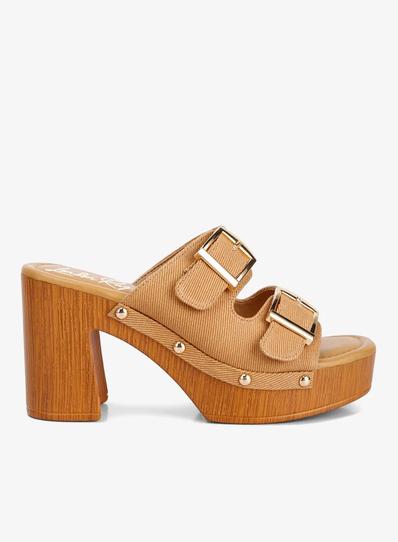 Buckle Straps High Block Heel Clogs in Tan