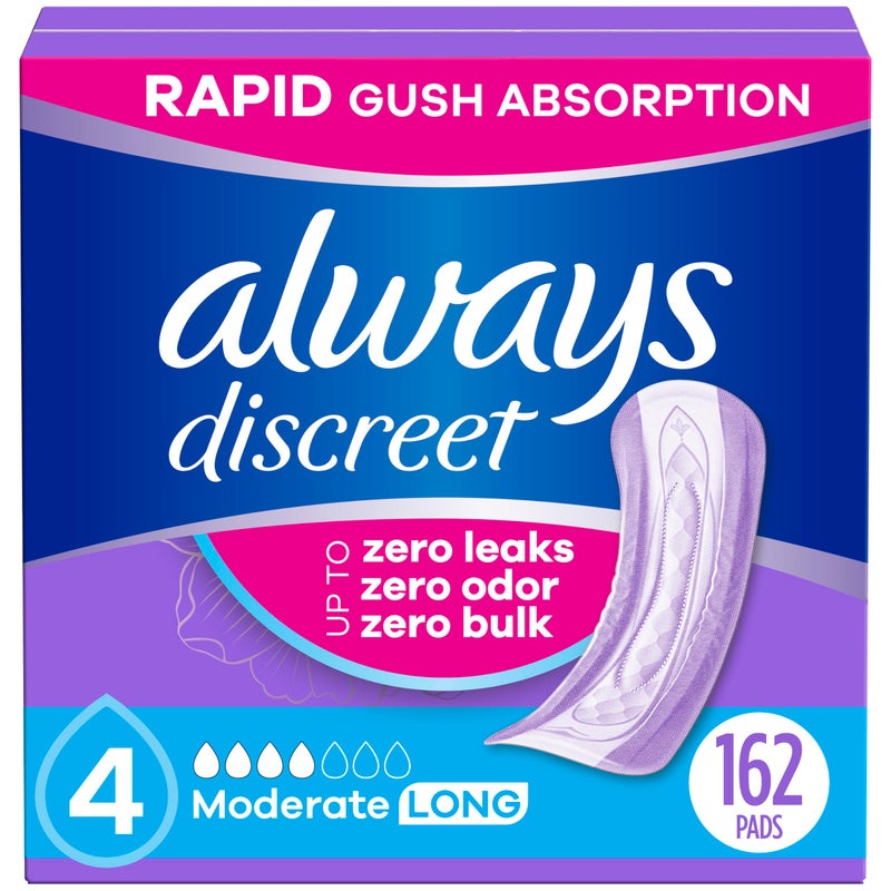 Always Discreet حفاضات سلس البول للبالغين من ألويس ديسكريت للنساء، امتصاص معتدل، طول طويل، حفاضات ما بعد الولادة، 162 قطعة (3 عبوات من 54)  - Image 1