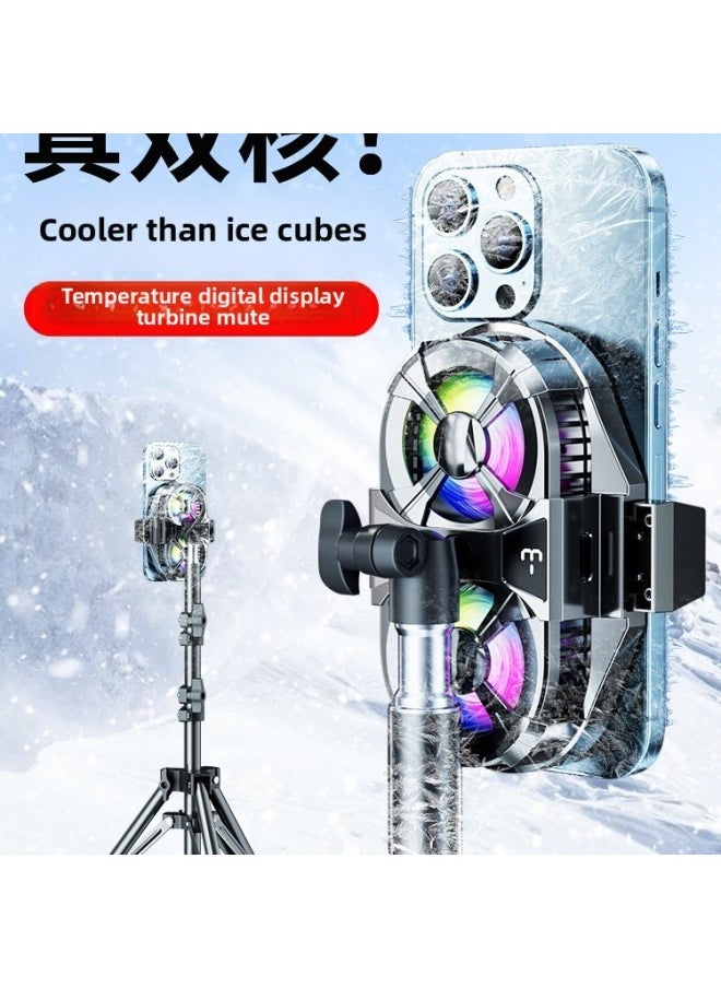Generic - Live Broadcast Dedicated] Mobile Phone Radiator Cooling Artifact Semiconductor Refrigeration Ultra-quiet Ice-sealed Back Clip Integrated Bracket-Color:[exclusively For Flagship Anchors] Dual-core Overclocking Cooling❄Three-stop Digital Display + Overhead Fill Light Bracket - Image 1