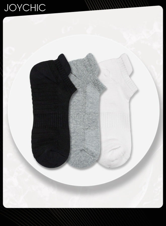 Joychic 3 Pairs Solid Color Cotton Sweat-absorbent Breathable Sports Socks for Men Thick Cushioned Sole Short-tube Socks for Running Basketball Fitness Cycling - Image 3