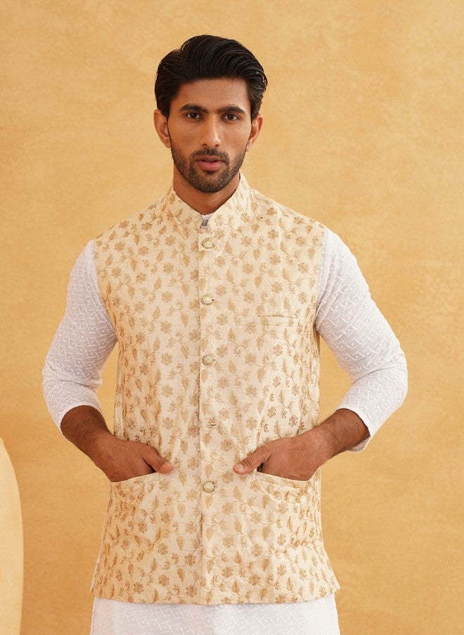 Sojanya Beige & Golden Embroidered Nehru Jacket for Men - Image 1