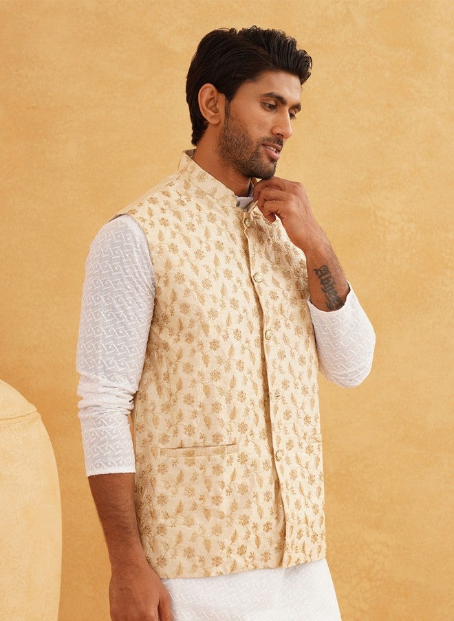Sojanya Beige & Golden Embroidered Nehru Jacket for Men - Image 3