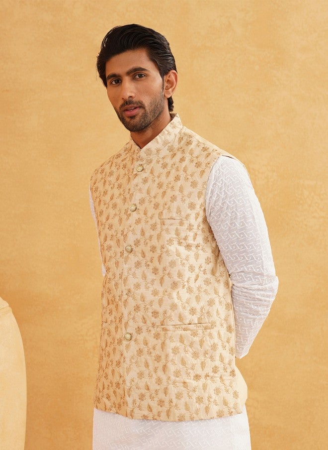 Sojanya Beige & Golden Embroidered Nehru Jacket for Men - Image 4