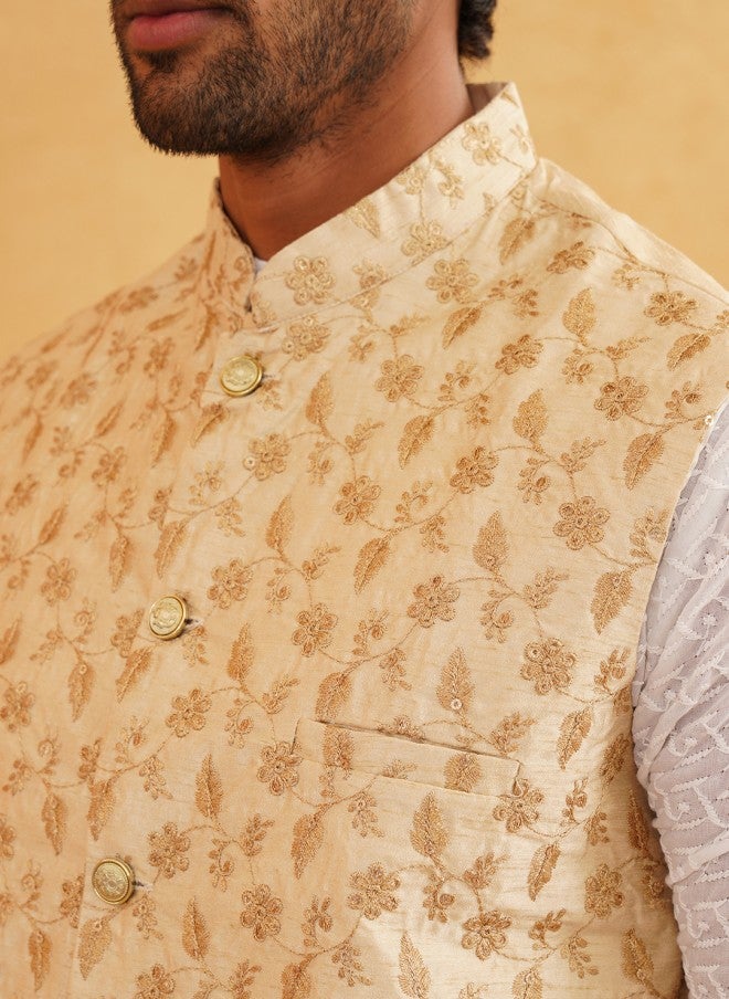 Sojanya Beige & Golden Embroidered Nehru Jacket for Men - Image 2