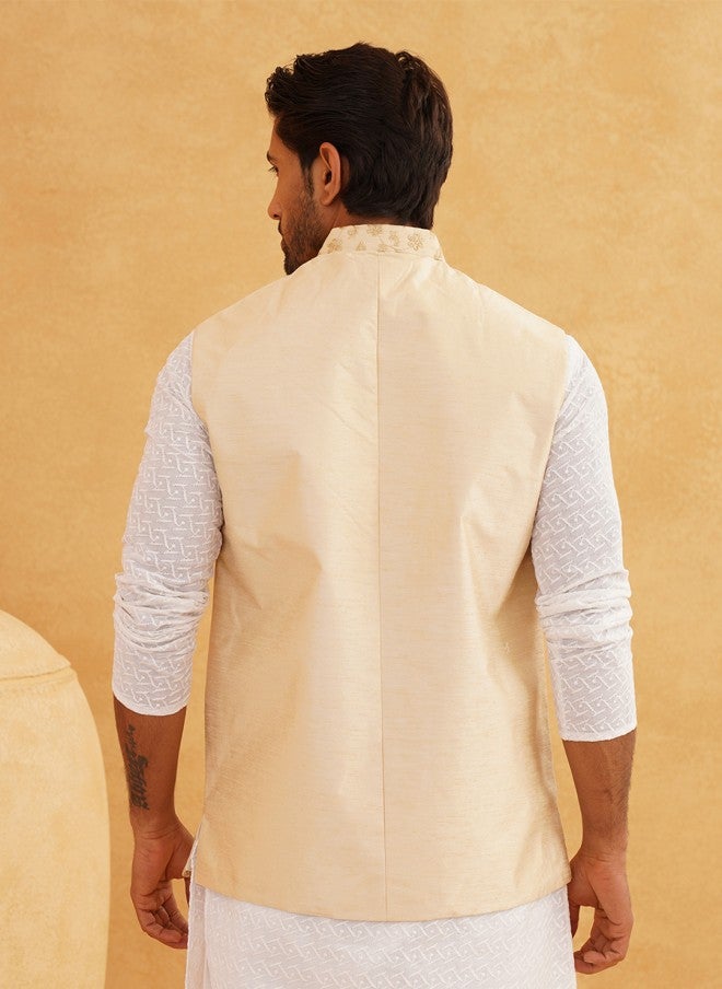 Sojanya Beige & Golden Embroidered Nehru Jacket for Men - Image 5