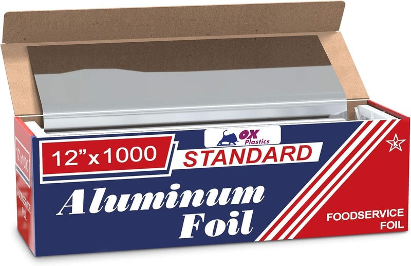 Ox Plastics Standard Premium Aluminum Foil  12x1000 Feet Long  Industrial Size and Strength  Commercial Grade  Length Foil Wrap for Food Service Industry and Home Use Strong Silver 1 Pack
