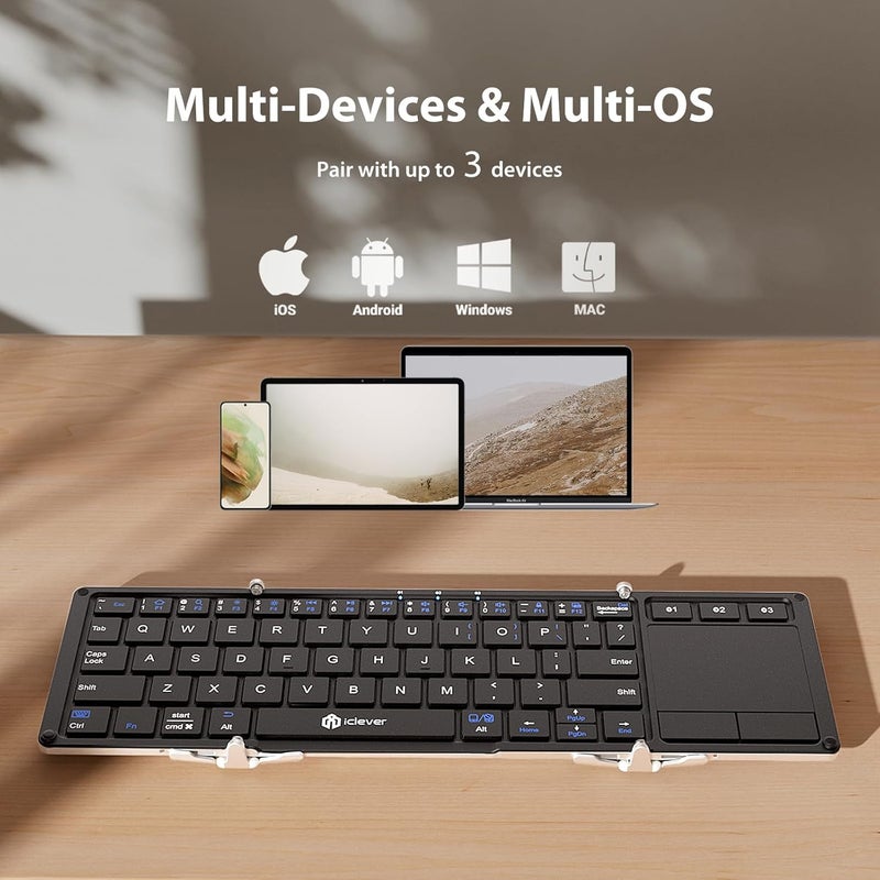 iClever لوحة مفاتيح قابلة للطي، لوحة مفاتيح بلوتوث قابلة للطي BK08 مع لوحة لمس، هيكل من الألمنيوم، شحن USB-C، مزودة بحامل وحقيبة حمل، محمولة للابتوب، آيباد، آيفون، فضي - Image 2