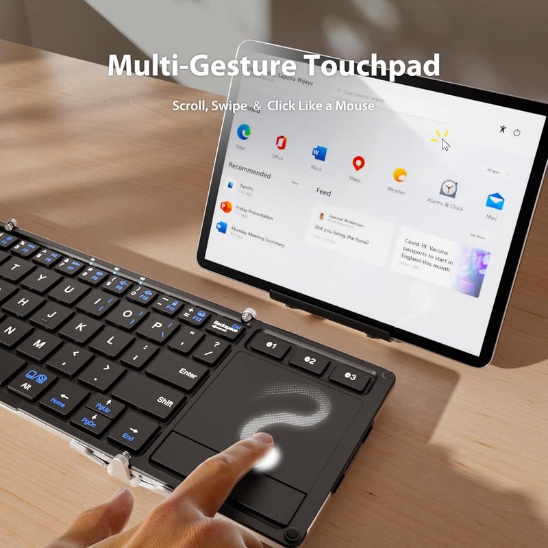 iClever لوحة مفاتيح قابلة للطي، لوحة مفاتيح بلوتوث قابلة للطي BK08 مع لوحة لمس، هيكل من الألمنيوم، شحن USB-C، مزودة بحامل وحقيبة حمل، محمولة للابتوب، آيباد، آيفون، فضي - Image 3