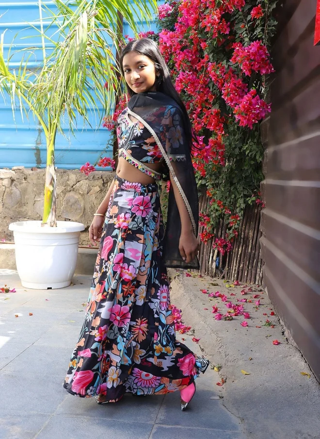 AKS Floral Printed Lehenga Choli Set for Girls
