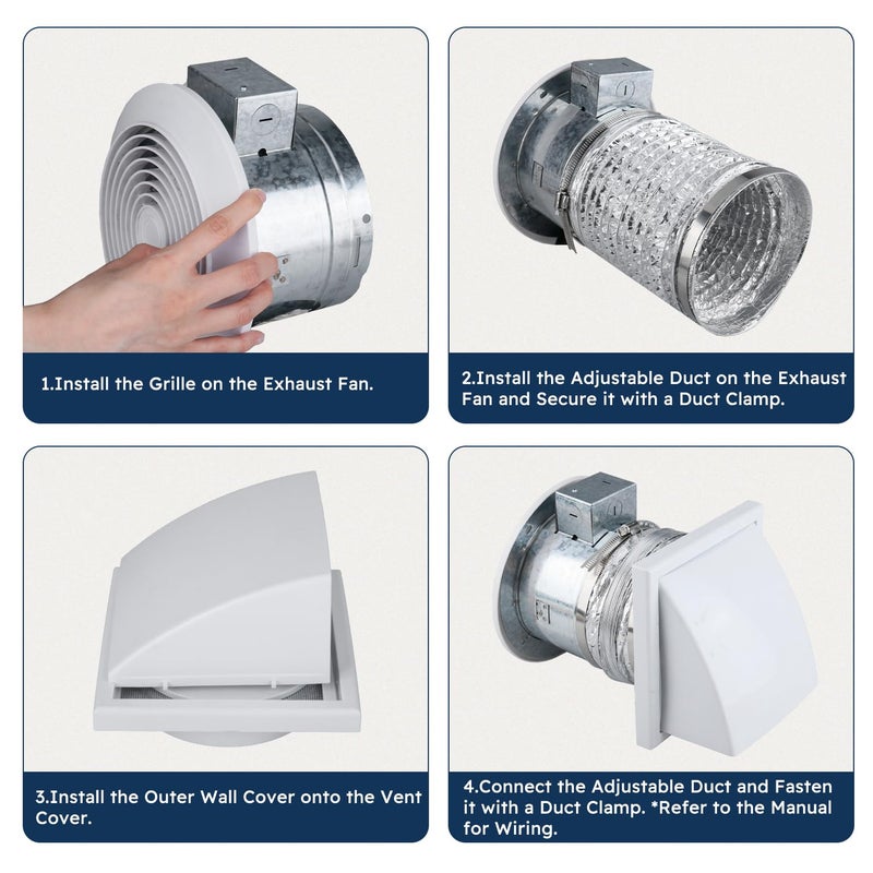 Quini 512M 6-inch Through Wall Exhaust Fan, 80 CFM 4.0 Sones, Bathroom Wall Exhaust Fan, Kitchen Ventilation Fan, 6-inch Diameter Vent, Retractable Duct - Image 5