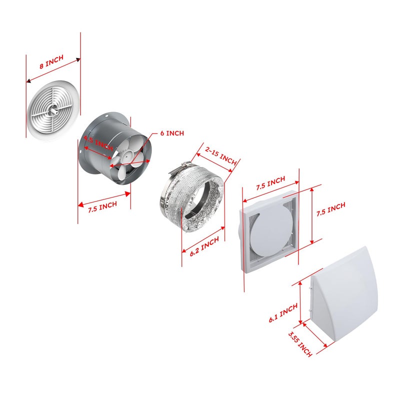 Quini 512M 6-inch Through Wall Exhaust Fan, 80 CFM 4.0 Sones, Bathroom Wall Exhaust Fan, Kitchen Ventilation Fan, 6-inch Diameter Vent, Retractable Duct - Image 3
