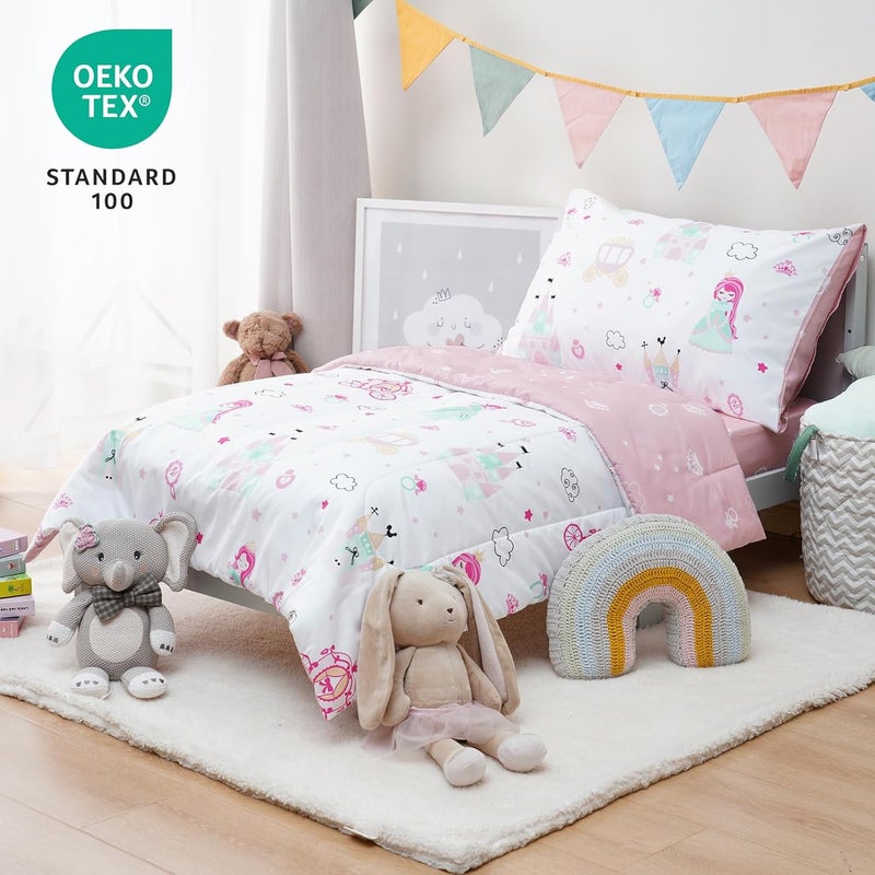 david's kids 4 Piece Toddler Bedding Set, Soft Breathable Bedding for Girls, Set includes Quilted Comforter + Flat Sheet + Fitted Sheet + Pillowcase, Mona - Image 2
