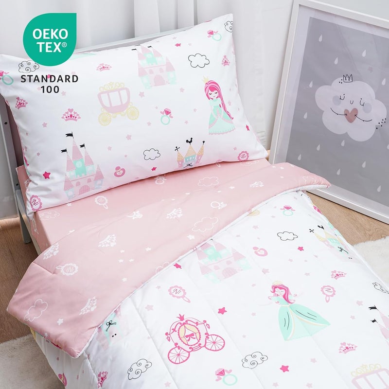 david's kids 4 Piece Toddler Bedding Set, Soft Breathable Bedding for Girls, Set includes Quilted Comforter + Flat Sheet + Fitted Sheet + Pillowcase, Mona - Image 4