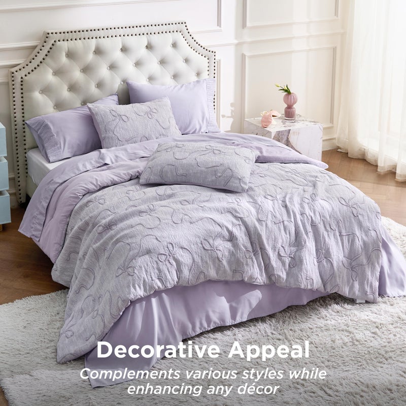 Bedsure 3 Pieces Queen Size Comforter Set, GentleSoft™ 3D Puffy Jacquard Design with Cute Bow Aesthetic, 1 Comforter (230 cm x 230 cm) and 2 Pillow Shams (50 cm x 66 cm), Lilac Purple - Image 5