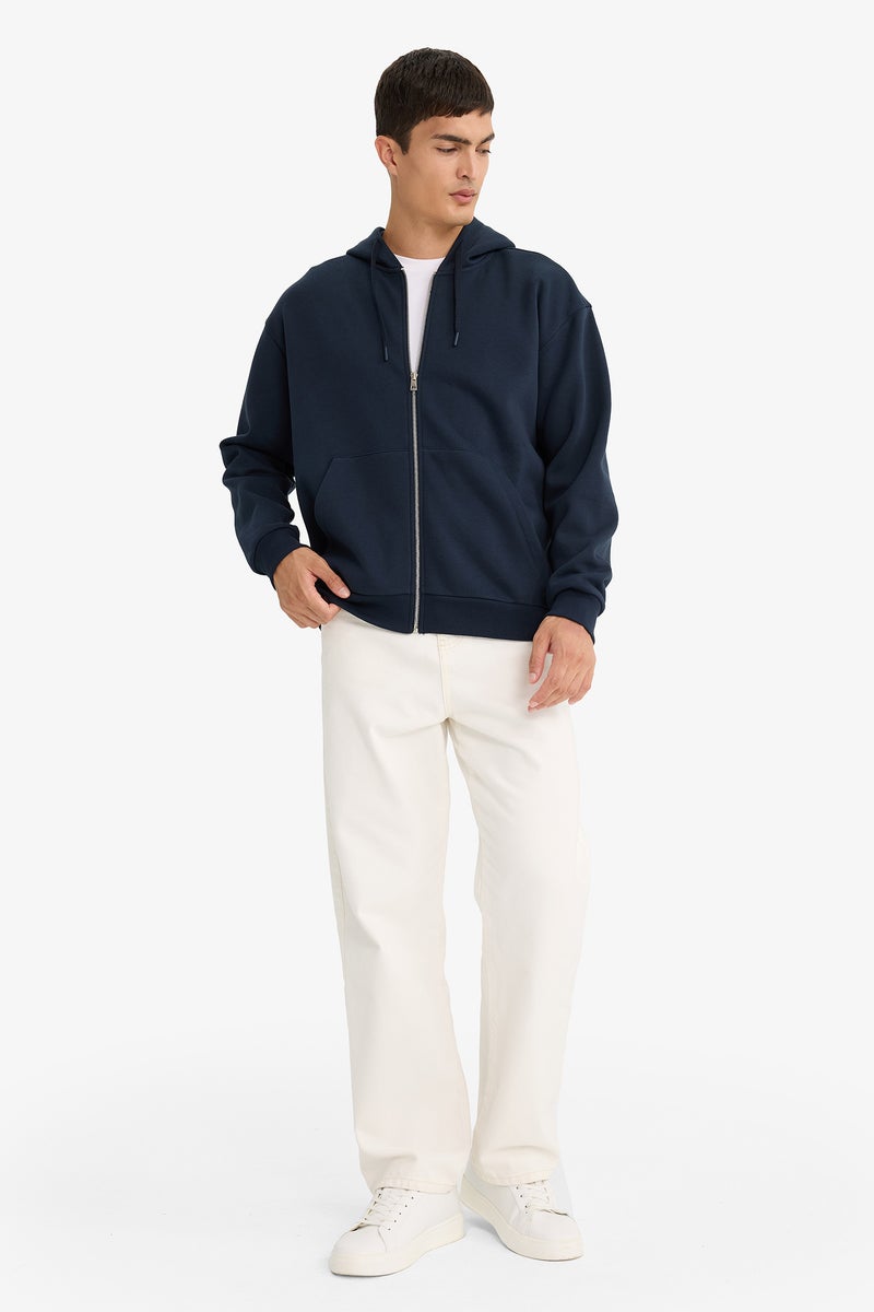 DeFacto Blue Man Comfort Fit Zippered Basic Thick Hoodie Casual - Image 2