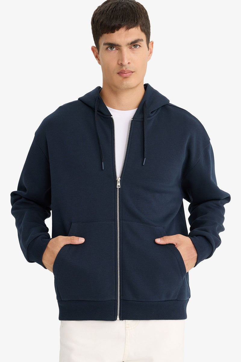 DeFacto Blue Man Comfort Fit Zippered Basic Thick Hoodie Casual - Image 1